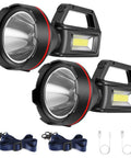 Dual pack black Rechargeable Spotlight Flashlight With Large Battery, High Lumen LED Searchlight, USB Output And Shoulder Strap