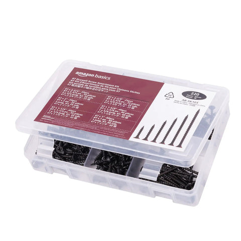 Drywall Screw Assortment Kit 220-Piece Coarse-Thread Steel Phillips-Head Screws with handy storage case open view