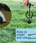Installing 8 Pack Ground Anchors Set 15 Inch Tall One Quarter Inch Diameter With 65 Feet Of Rope for tent in grassy area.