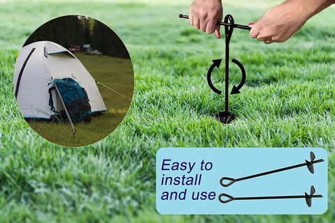 Installing 8 Pack Ground Anchors Set 15 Inch Tall One Quarter Inch Diameter With 65 Feet Of Rope for tent in grassy area.