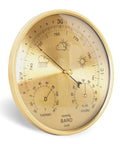 Gold three in one all season wall hanging weather station with thermometer, barometer, and hygrometer for Fahrenheit indoor outdoor use.