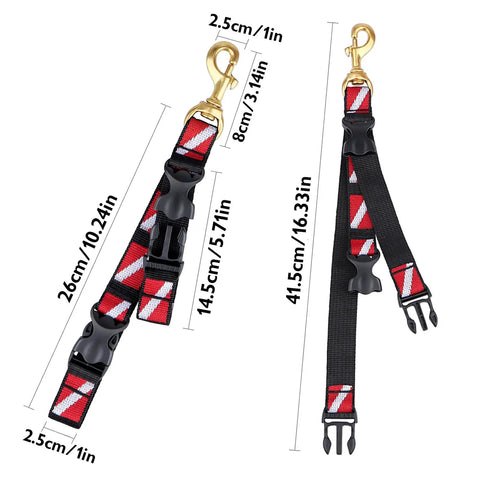 Red Scuba BC Fin Holder And Mask Clip For Hands Free Diving Gear with quick release loop lanyard strap and dive flag band.