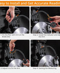 Neoteck disc brake rotor gauge set with flexible arm and locking plier; four-panel installation and measurement montage