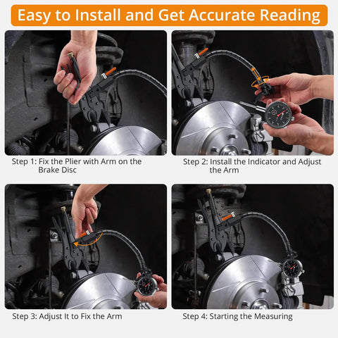 Neoteck disc brake rotor gauge set with flexible arm and locking plier; four-panel installation and measurement montage