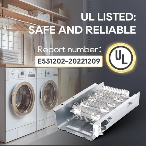 279838 Dryer Heating Element With Thermostat And Thermal Fuse Kit in laundry room with UL certification label