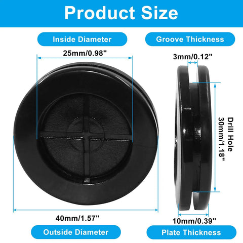 15Pcs Black Rubber Grommets For Wiring 1 Inch Inner Diameter And 30mm Drill Hole, side and front view with size dimensions.