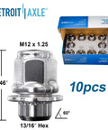 Close-up of 10 chrome lug nuts in packaging with dimensions for Front Wheel Hub Bearings Kit With 10 Chrome Lug Nuts For Nissan Altima 2007 To 2018, Maxima 2009 To 2014 And 2016 To 2021, Pathfinder 2013 To 2020, Murano 2009 To 2019, Infiniti QX60 JX35 5 Lug ABS Encoder.
