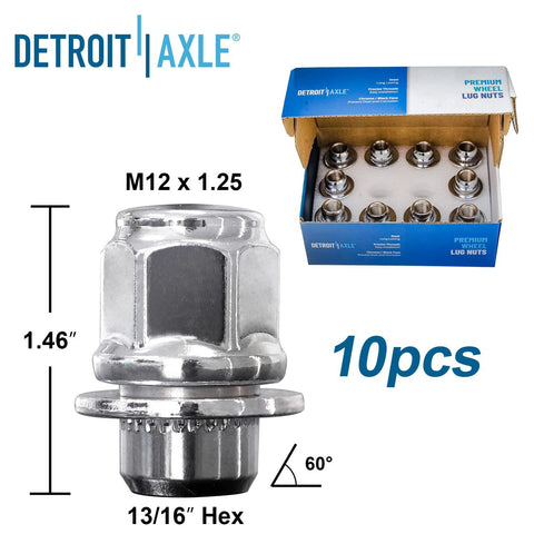Close-up of 10 chrome lug nuts in packaging with dimensions for Front Wheel Hub Bearings Kit With 10 Chrome Lug Nuts For Nissan Altima 2007 To 2018, Maxima 2009 To 2014 And 2016 To 2021, Pathfinder 2013 To 2020, Murano 2009 To 2019, Infiniti QX60 JX35 5 Lug ABS Encoder.