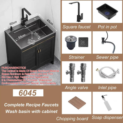 Free Standing Kitchen Sink with Cabinet Drainer & Tap - Bathroom Vani Sink Combo Room tial (60x45x80cm) - Space-Saving Solut, showing dimensions and accessories.