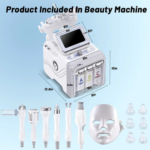 7 In 1 Hydrogen Oxygen Facial Machine For Skin Care Go To At Home Spa Device with accessories and dimensions shown