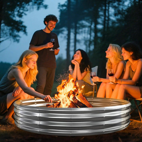 Group enjoying campfire in Big 6 Foot Metal Fire Pit Ring; silver steel, 0.7mm thick, 1 foot high, perfect for outdoor gatherings.