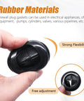 Hand holding rubber plug from the Double Sided Rubber Grommet Kit For Wire Protection With Tower Shaped And Round Hole Plugs And Retractable Box Knife Included Firewall Grommets For Cable Management High Temperature Abrasion And Aging Resistant Safe Non Toxic Cushioned Shock Absorption.