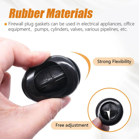 Hand holding rubber plug from the Double Sided Rubber Grommet Kit For Wire Protection With Tower Shaped And Round Hole Plugs And Retractable Box Knife Included Firewall Grommets For Cable Management High Temperature Abrasion And Aging Resistant Safe Non Toxic Cushioned Shock Absorption.