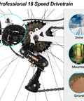 26 Inch Mountain Bike For Women And Men With 18 Speed Steel Frame And Suspension Fork V Brakes All Terrain MTB Bicycle For Trail Riding White showing drivetrain with terrain icons for snow, mountain, and gravel.