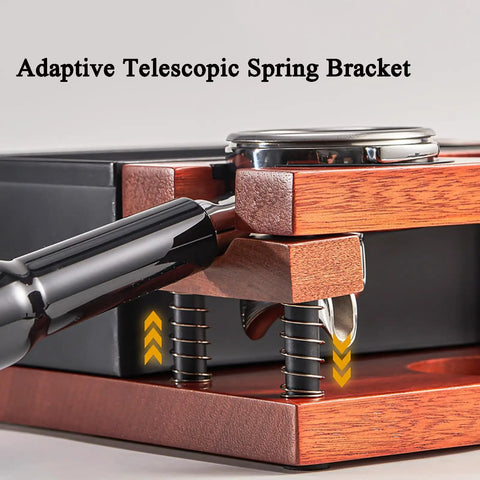 Killer Solid Wood Coffee Tamping Station And Knock Box Organizer features adaptive telescopic spring bracket and sleek design.
