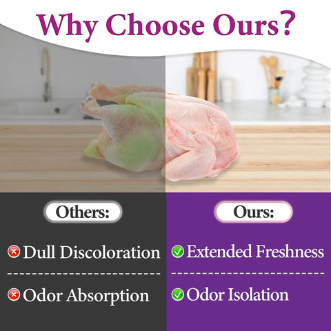 Comparison image showing benefits of 150 Piece Poultry Shrink Bag Kit With Heavy Duty Zip Ties, 13X18 Inch Clear Heat Seal Wrap.