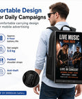 21.5 Inch Touchscreen Advertising Backpack Packing Android 11 includes live music display, padded straps, and anti-theft lock.