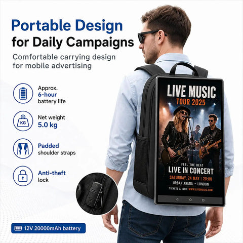 21.5 Inch Touchscreen Advertising Backpack Packing Android 11 includes live music display, padded straps, and anti-theft lock.