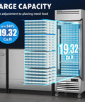 Heavy Duty Twenty Seven Inch Commercial Freezer Nineteen Point Three Two Cubic Feet with visible adjustable shelves and LED lighting.