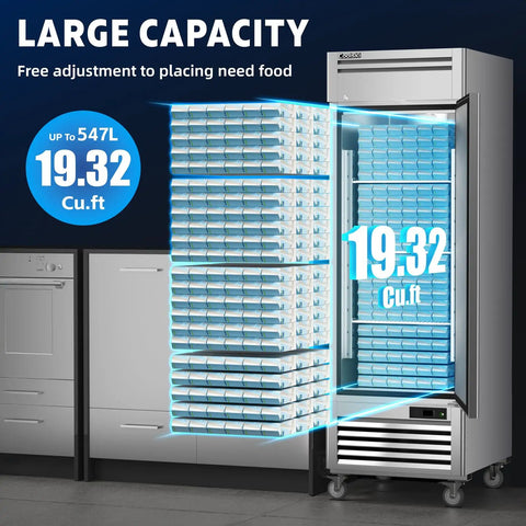 Heavy Duty Twenty Seven Inch Commercial Freezer Nineteen Point Three Two Cubic Feet with visible adjustable shelves and LED lighting.