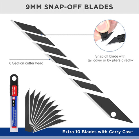 WORKPRO 9mm snap-off utility knife with aluminum body and 6-section blade head; 5-pack includes 10 extra blades and carry case