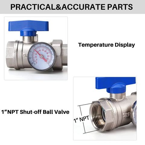 Close-up of Three Branch Radiant Heat Manifold Stainless Steel PEX Manifold with integrated thermometer and 1 inch NPT valves.