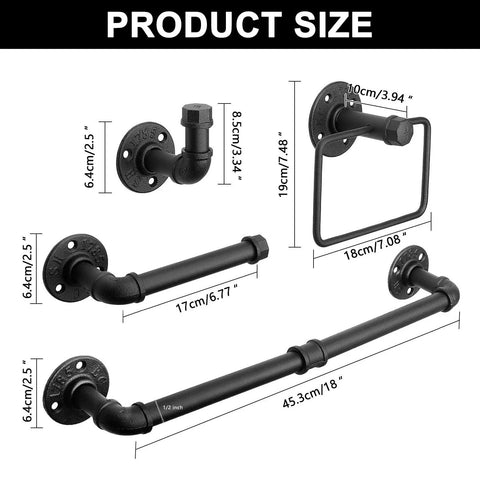 Five Piece Industrial Pipe Bathroom Accessories Hardware Kit For Wall Mounting Includes 18 Inch Towel Bar Towel Ring Toilet Paper Holder And Two Robe Hooks Black Rustic Finish For A Sleek Farmhouse Bath, product size dimensions