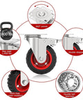 4 Inch Heavy Duty Swivel Casters With Dual Lock Safety Brakes And Non Marking Rubber Tires showing 360° swivel and double stopper features.