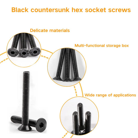 Top Shelf 500 Piece M2 Metric Countersunk Hex Socket Flat Head Screws Kit 10.9 Grade with black screws, ideal for tight space applications.