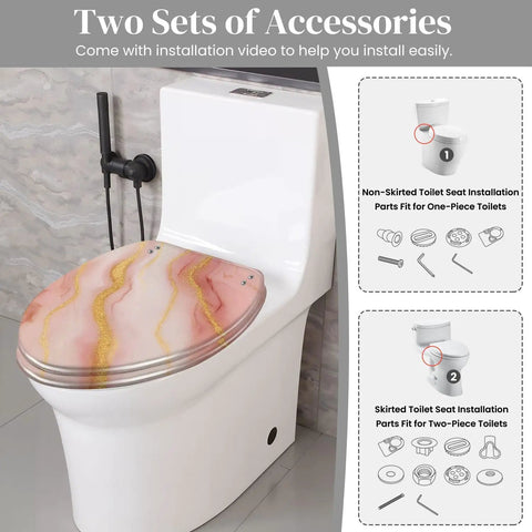 Elongated Toilet Seat Quiet Soft Close Bathroom with pink marble design and installation accessories for easy setup.