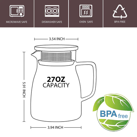 Diagram showing dimensions of One Touch Glass Teapot 27 Oz 800 Ml Glass Tea Kettle With Stainless Steel Filter Lid Stovetop Safe