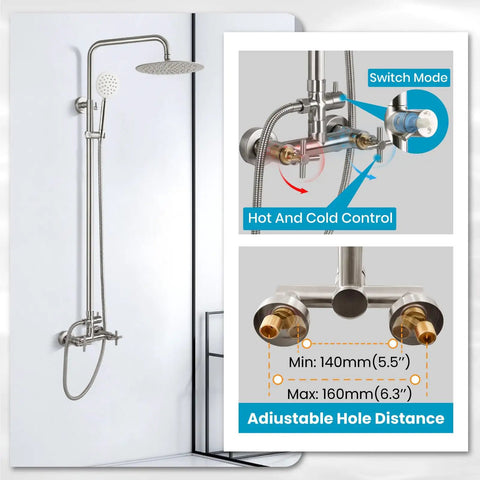 SUS304 Outdoor Shower System With Wall Mount, Heavy Duty High Pressure Dual Function Faucet Set details with adjustable hole distance.