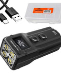 T4K Keychain EDC Flashlight 4000 Lumen USB C Rechargeable With Quick Release Organizer shown with USB cable and storage box