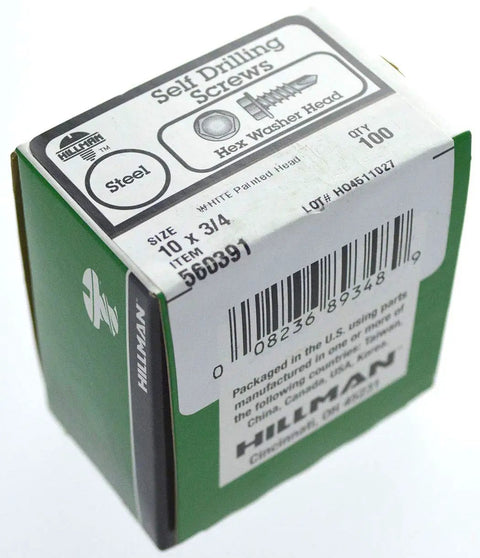 One Hundred Pack Hex Washer Head Self Drilling Screws Size Ten By Three Quarters Inch For Metal Wood And Fiberglass in green box.