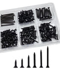 Wood And Drywall Screw Kit With 205 Piece Phillips Assortment In 6 Sizes For Easy DIY Projects 2 In 1-1/2 In 1-1/4 In 1 In 3/4 In 5/8 In Ideal For Wood And Drywall, black screws in PVC box