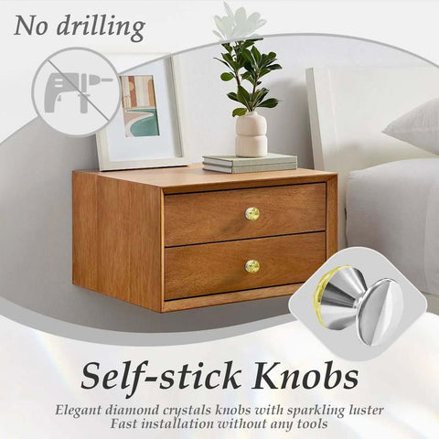 4 Piece Yellow K9 Crystal Self Adhesive Cabinet Knobs Drill Free Drawer Pulls Peel And Stick Mirror Hardware shown on a wooden nightstand.