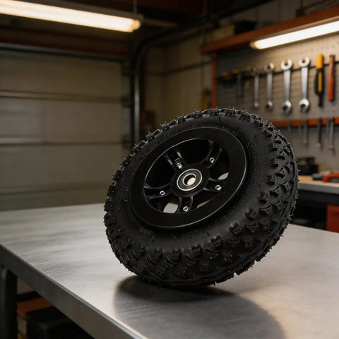 200x50 Pneumatic Offroad Tires For Electric Skateboards With Aluminum Alloy Hub Replacement Wheel Beefy Grip shown on workbench