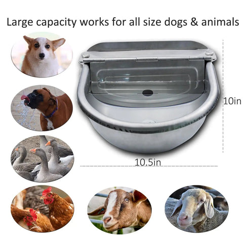 Heavy Duty Automatic Pet Water Bowl Stainless Steel Self Filling Dispenser For Dogs Cats Ducks Goats And Small Livestock Farm Yard showing 10.5in bowl design.