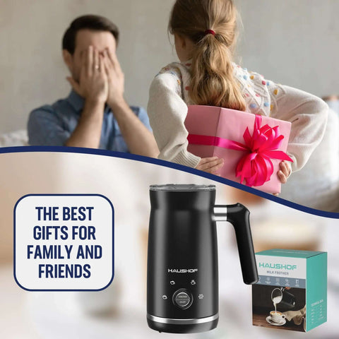 4 In 1 Electric Milk Frother And Steamer With Large Capacity For Hot Or Cold Foam, gift idea for family with a person holding a present