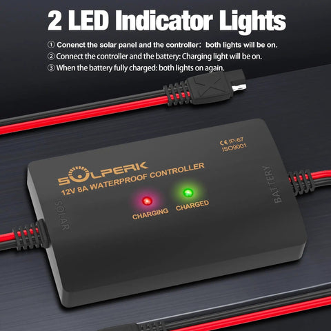 8A 12V Solar Charge Controller With Led Display IP67 Waterproof PWM Intelligent Battery Regulator For Gel AGM Lead Acid LiFePO4 Lithium Batteries For Your RV Boat Car Outdoor Use with LED lights.