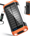 66800mAh Solar Power Bank Portable Charger With Hand Crank And 22.5W Fast Charge 5 Outputs 5 Inputs Includes 3 Cables Outdoor Camping Flashlight Table Lamp Compass Backup Battery, showing orange and black case with LED indicators, hand crank, and built-in flashlight.