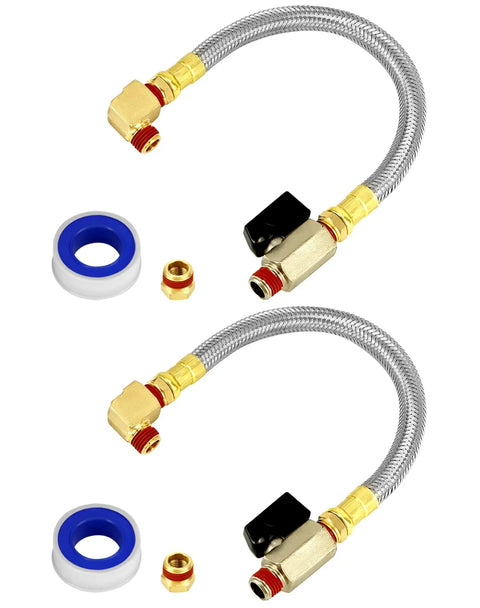 Two Pack Extended Tank Drain Valve Kit For Air Compressors With Ten Inch Drain Hose And One Quarter Inch NPT Threads Includes One Quarter Inch To Three Eighths Brass Adapter And Thread Seal Tape Braided Steel Construction For Durability
