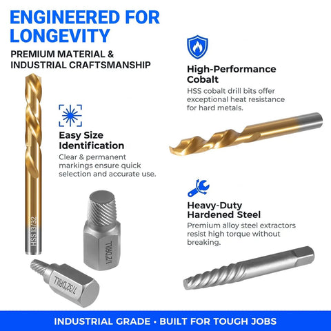 Heavy Duty 35-Piece Screw Extractor And Drill Bit Set For Pulling Broken Studs Stripped Bolts Rusted Seized Fasteners With Left Hand Cobalt Bits Perfect For Tough Auto Plumbing Job Garage Fix It Work, HSS cobalt drill bits and extractors