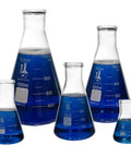Five Piece Narrow Mouth Erlenmeyer Flask Set in Borosilicate 3.3 Glass with 50ml, 150ml, 250ml, 500ml, 1000ml Capacity filled with blue liquid