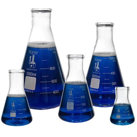 Five Piece Narrow Mouth Erlenmeyer Flask Set in Borosilicate 3.3 Glass with 50ml, 150ml, 250ml, 500ml, 1000ml Capacity filled with blue liquid