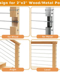 Hidden Cable Railing Kit for 2x2 Posts Twenty Pack One Eighth Inch T316 Stainless Steel Swage Stud End Invisible Receiver System for Deck Railings Minimalist Hardware, image showing wood and metal post installation examples.