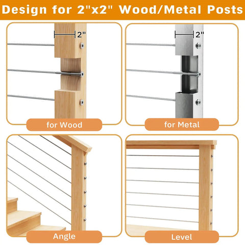Hidden Cable Railing Kit for 2x2 Posts Twenty Pack One Eighth Inch T316 Stainless Steel Swage Stud End Invisible Receiver System for Deck Railings Minimalist Hardware, image showing wood and metal post installation examples.