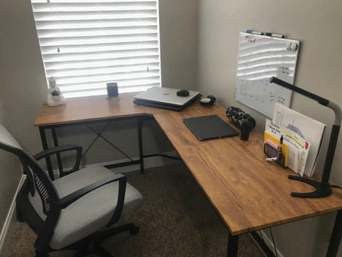 Office setup with wood look peel and stick contact paper for desk and computer table DIY easy install self removable vinyl wallpaper.