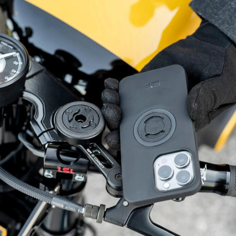 Charging Anti Vibration Module SPC Plus For Smartphones Enhanced Damping Secure Fit And Reliable Power On The Go Includes M5x16mm Screw For Easy Install And SPC Plus System Upgrade mounted on motorcycle handlebar