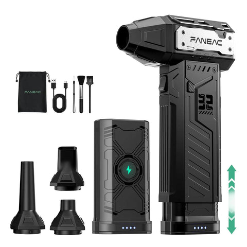 Cordless Electric Air Duster With Swappable Twin Battery Pack 150000 RPM 3 Speed High Velocity Blower for PC Cleaning shown with accessories